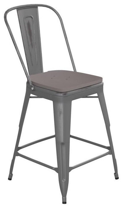 24'' High Indoor Clear Coated Counter Stool, Clear Coated/Gray