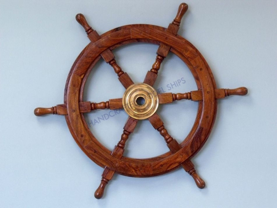 Decorative Ship Wheel, Brass and Wood, 24"