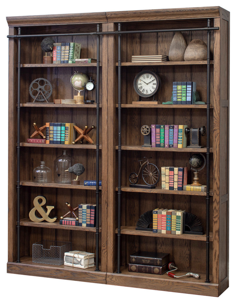 8' Tall Bookcase Wall With Ladder, Storage Organizer, Brown