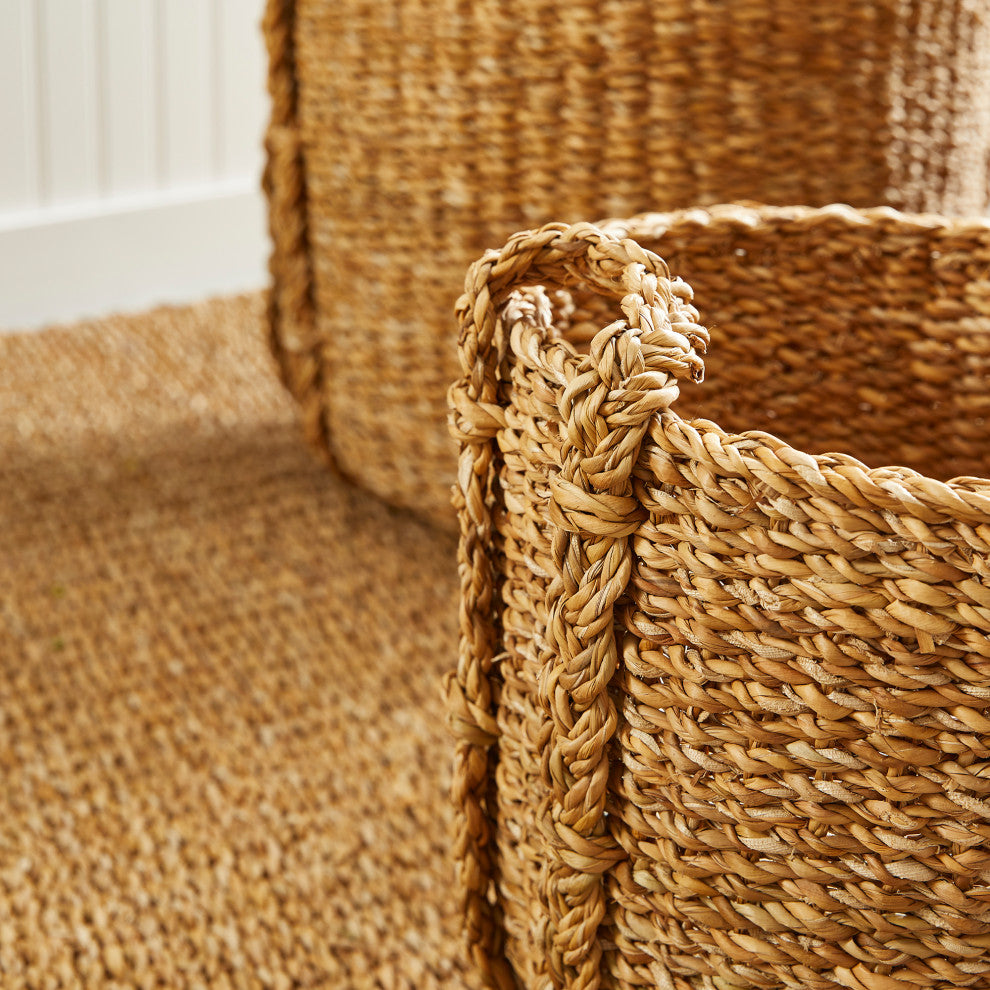 Set of 3 Contemporary Casual Natural Sea Grass Round Tote Baskets Handles Large