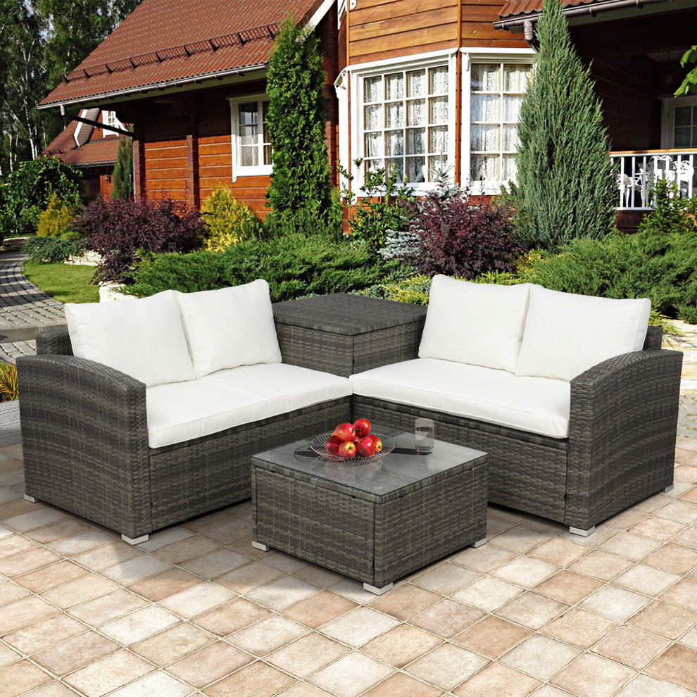 4 Pieces Outdoor Rattan Wicker Patio Sectional With Storage and Cushions