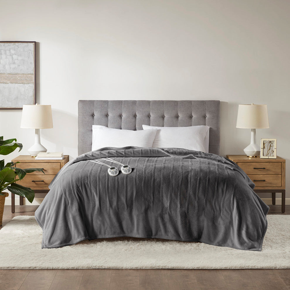 Serta Plush Heated Blanket, Dark Grey