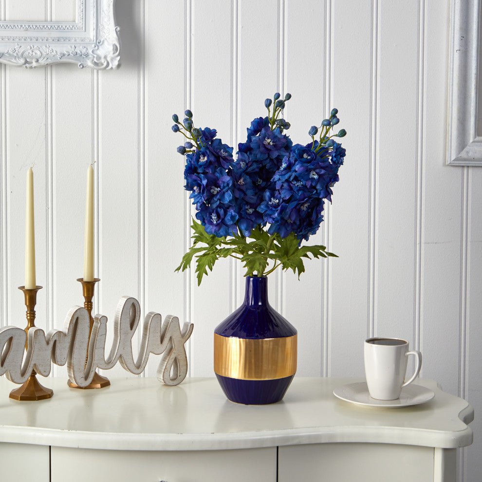 23" Delphinium Artificial Arrangement, Blue and Gold Designer Vase