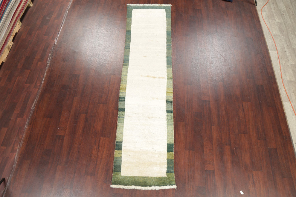 Gabbeh Border Traditional Area Rug Hand-Knotted Persian, Beige, 10'8"x2'7