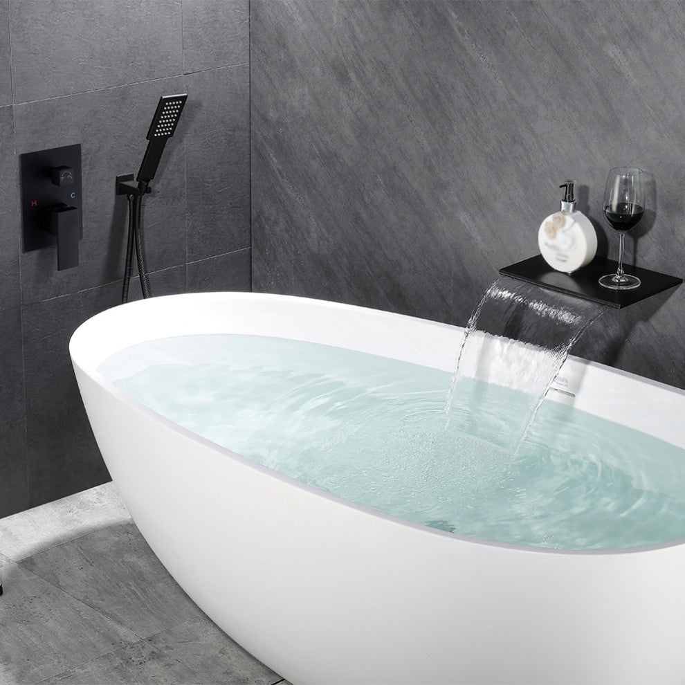 Solid Brass Waterfall Single Handle Wall-Mounted Bathtub Faucet Tub Filler, Black