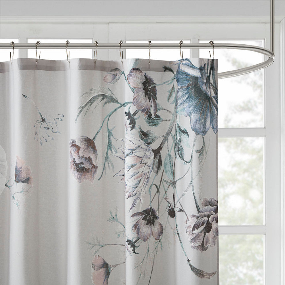 Madison Park Cassandra Large Floral Print Shower Curtain, Blue