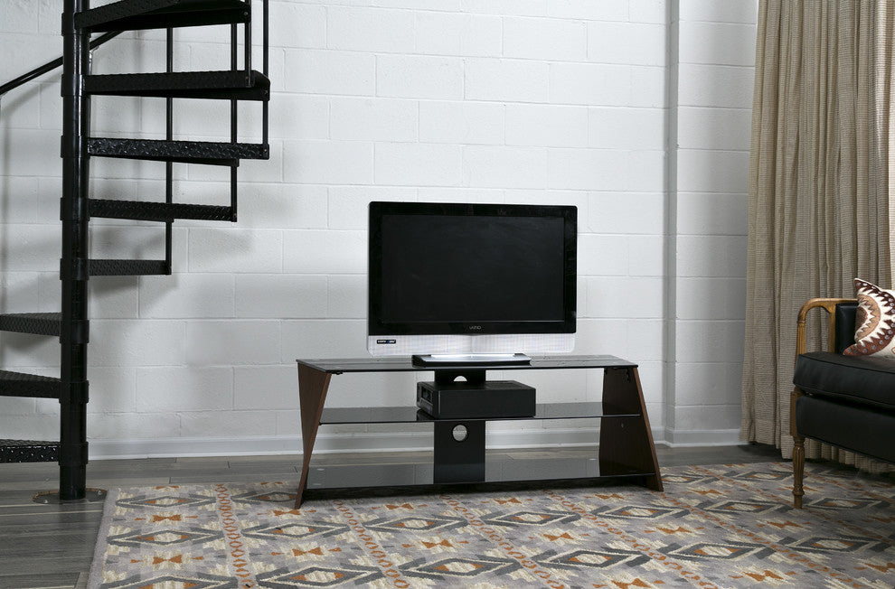 Twisted Wood TV Stand, Black Tempered Glass, Walnut Veneer