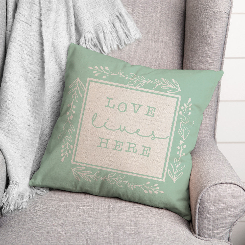 Love Lives Here On Mint Linen 3 20x20 Spun Poly Pillow