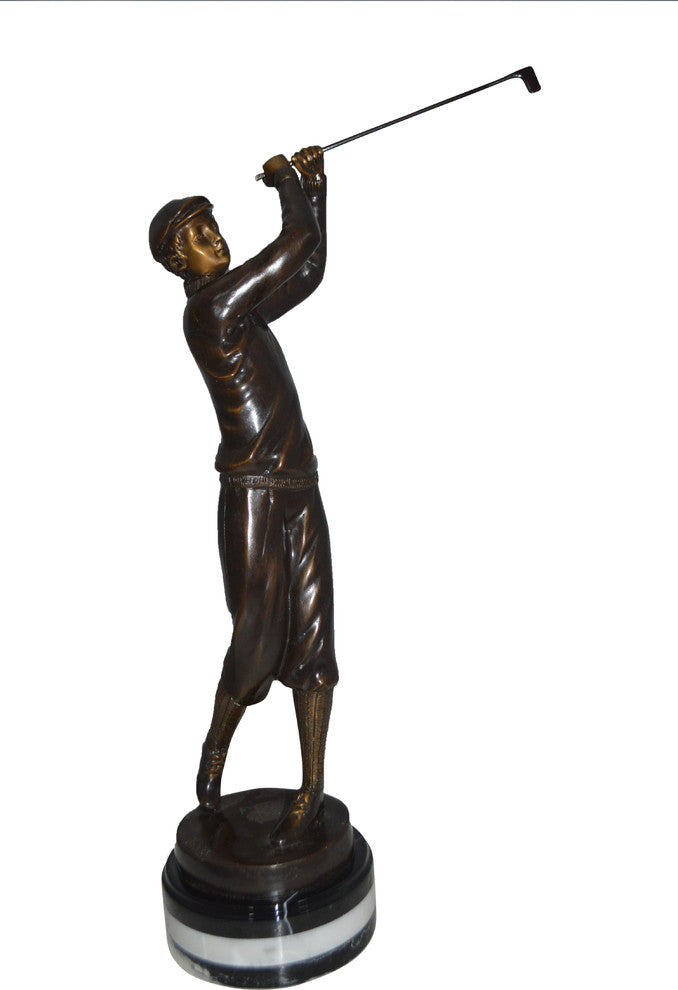 Golfer on Marble Bronze Statue -  Size: 8"L x 8"W x 22"H.