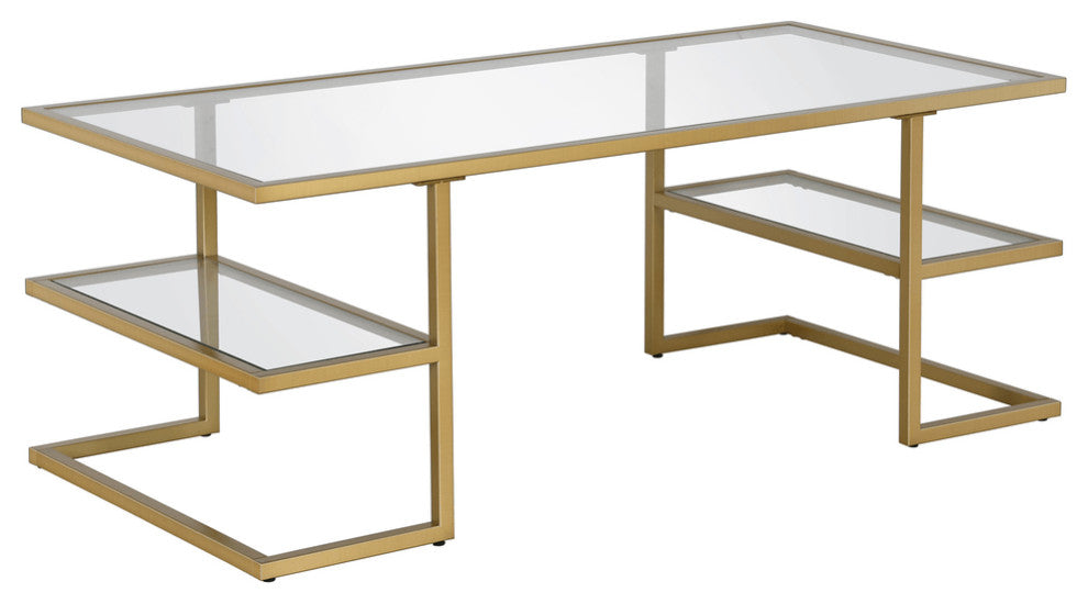 47" Gold Glass And Steel Coffee Table With Two Shelves