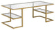 47" Gold Glass And Steel Coffee Table With Two Shelves