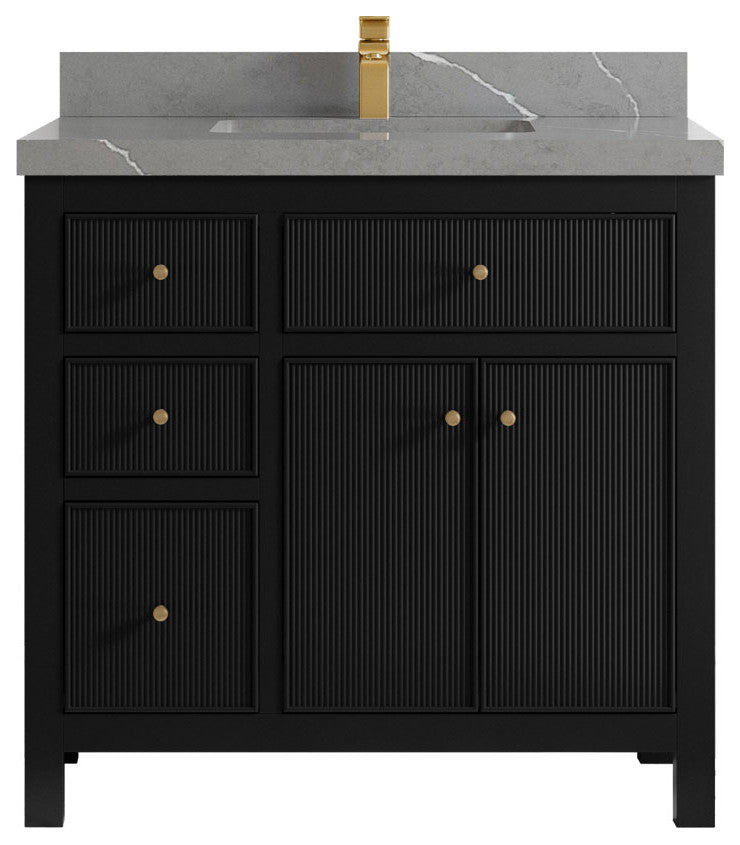 Sonoma 36 Center Sink Reeded Bath Vanity in Black 2" Piatra Gray