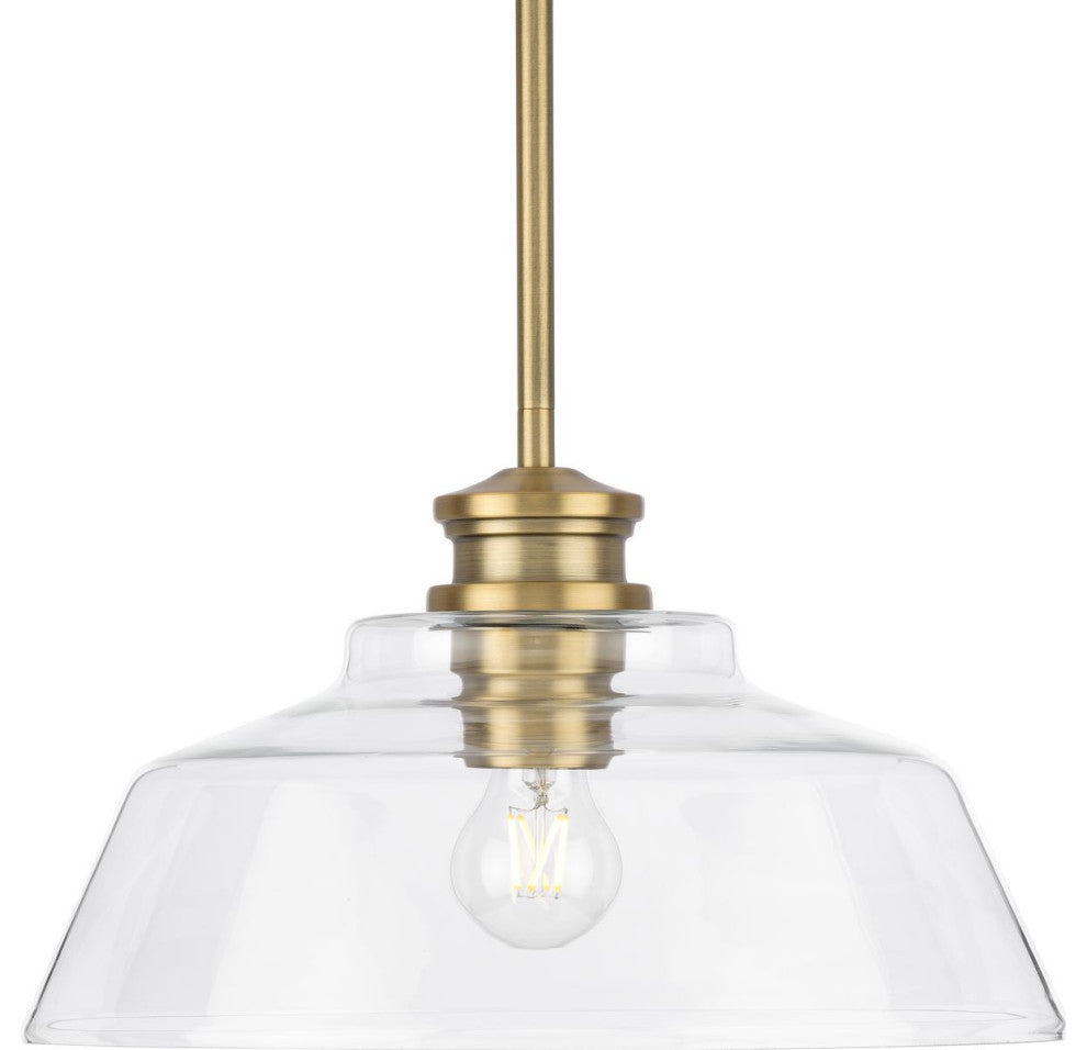 Singleton 1-Light 14" Vintage Brass Pendant Light, Clear Glass Shade