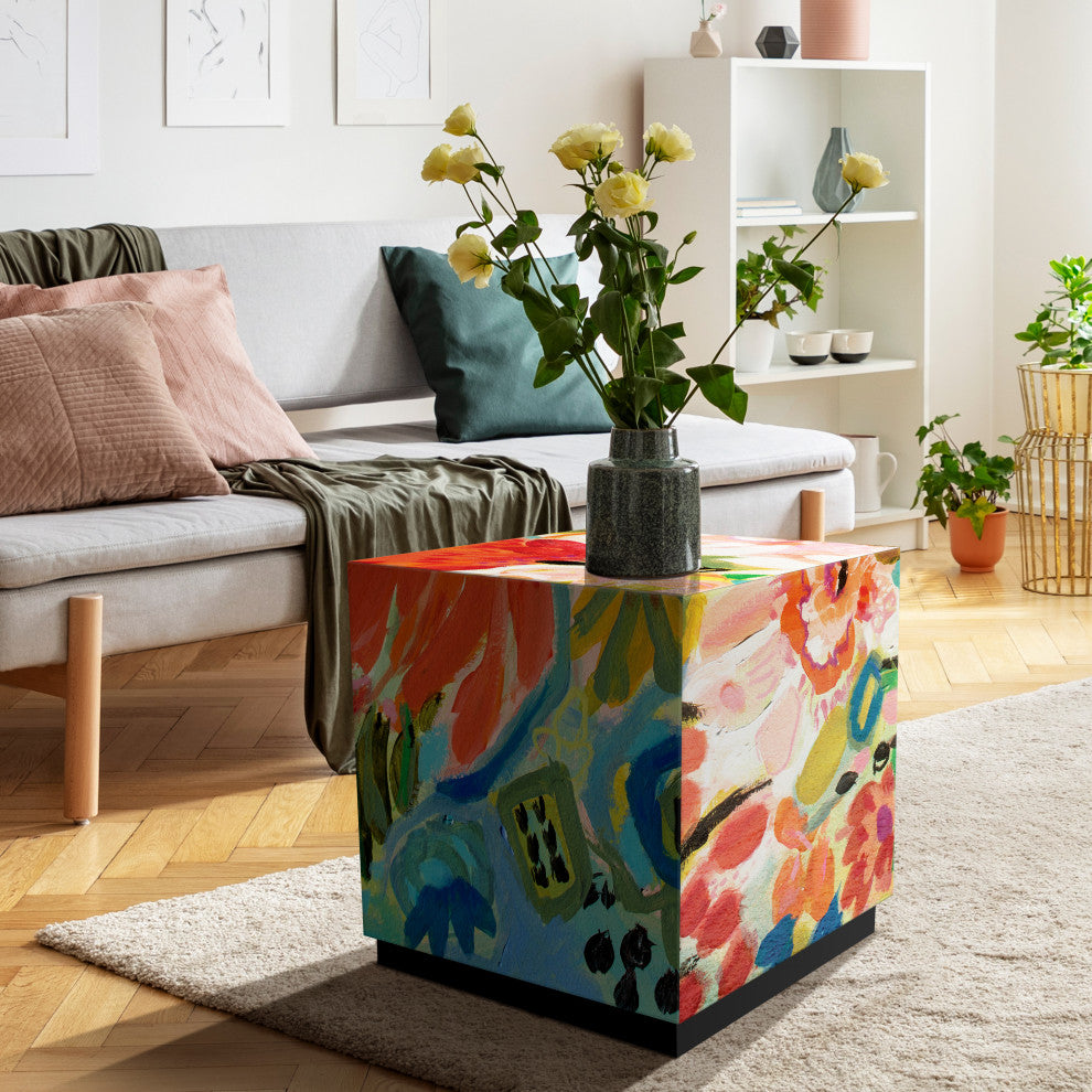 "Secret Garden Floral III" Printed Art Glass Side Table with Black Plinth Base
