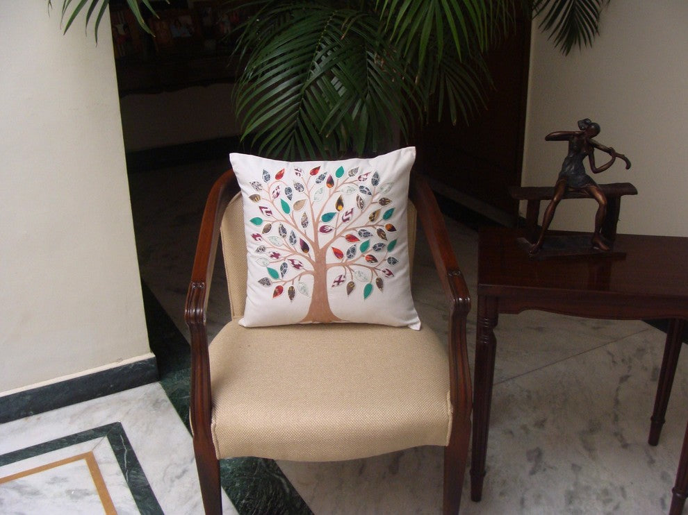White Tree of Life Decorative Pillow Cover Cotton Applique Work Designs 18x18"