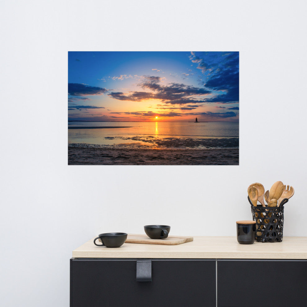 Sunset at Breakwater Lighthouse Coastal Landscape Unframed Wall Art Print, 24" X 36"