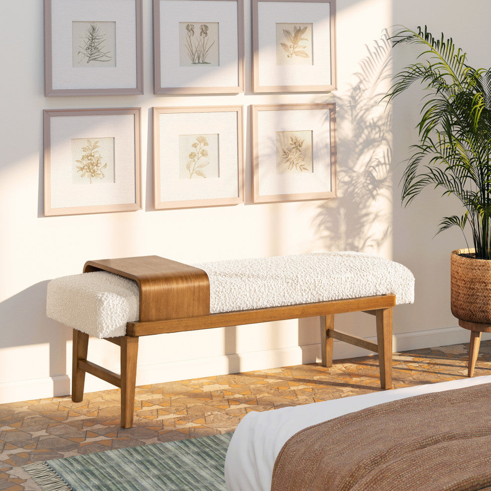 Billie 52" Modern Telephone Bench With Sliding Shelf, Ivory White Boucle