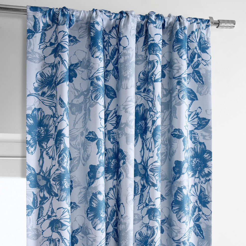Blue Poppy Printed Linen Textured Room Darkening Curtain Single Panel, 50"x108"