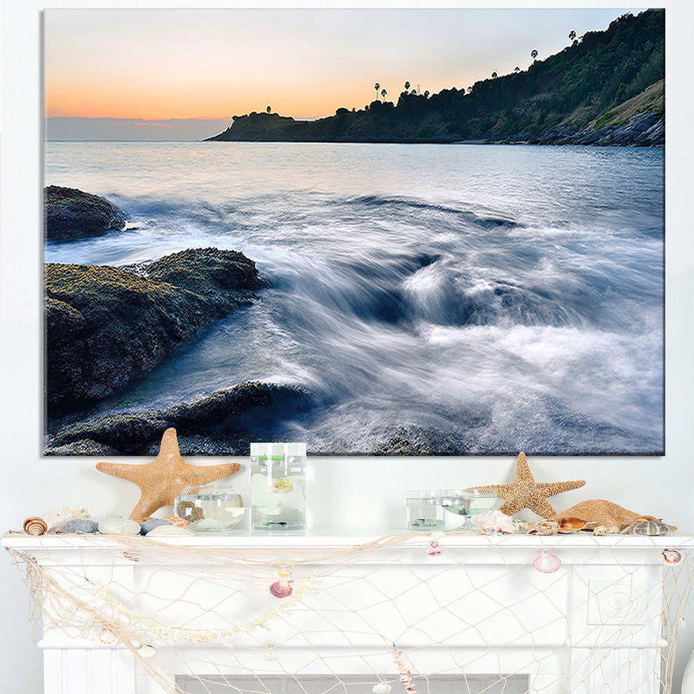 "Slow Motion Sea Waves Over Rocks" Modern Seascape Wall Art, 1 Panel, 60"x28"