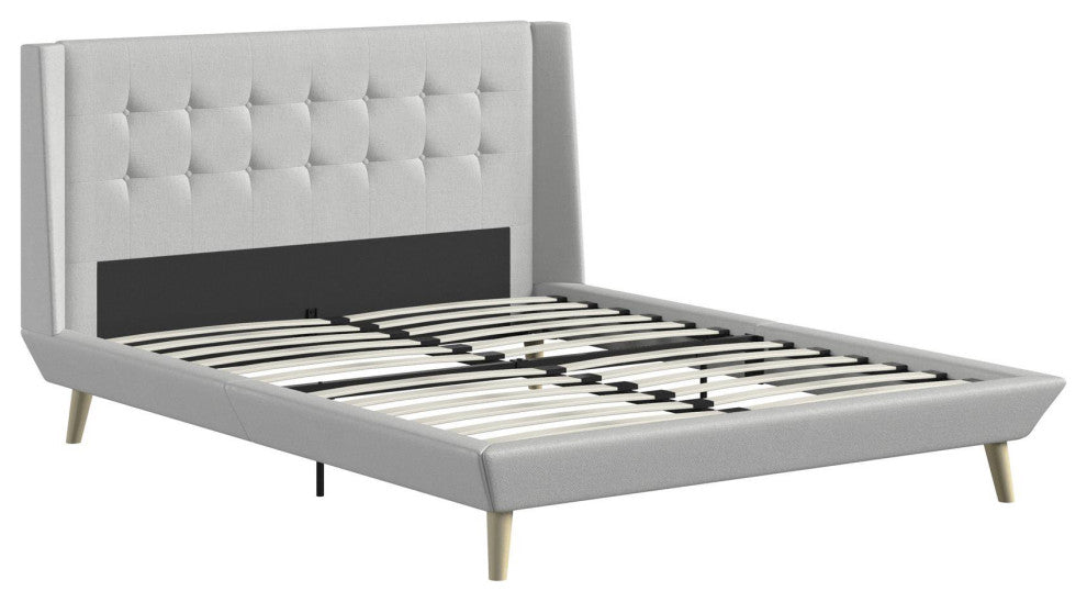 Unique Platform Frame, Wing Headboard With Button Tufting, Light Gray, Queen