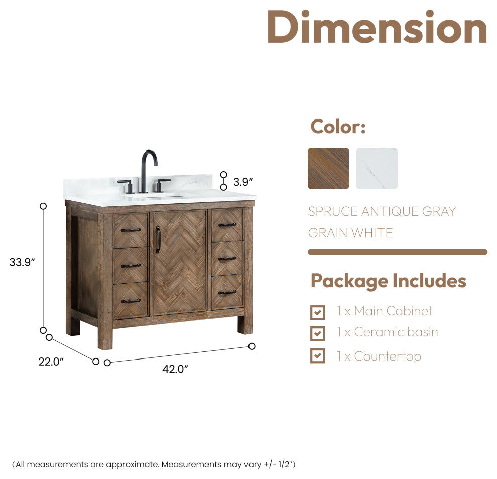 Javier Bath Vanity, Composite Stone Top, Antique Gray, 42", Single Vanity, No Mirror