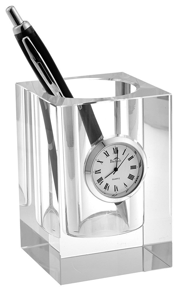 Badash SU319 Crystal Pen or Pencil Holder With Clock 3.5"