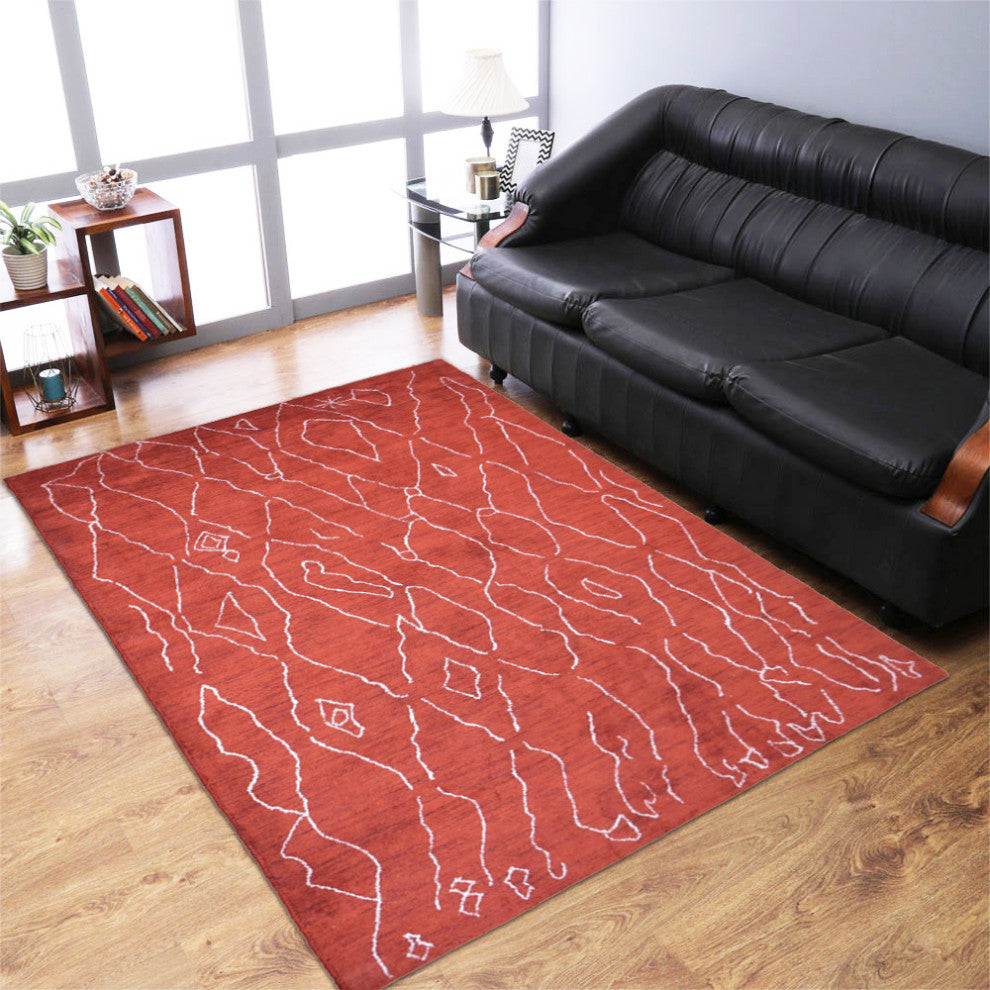 HAND KNOTTED LOOM SILK ECO-FRIENDLY RUG-6'x9',Rectangle,Red White,Contempor