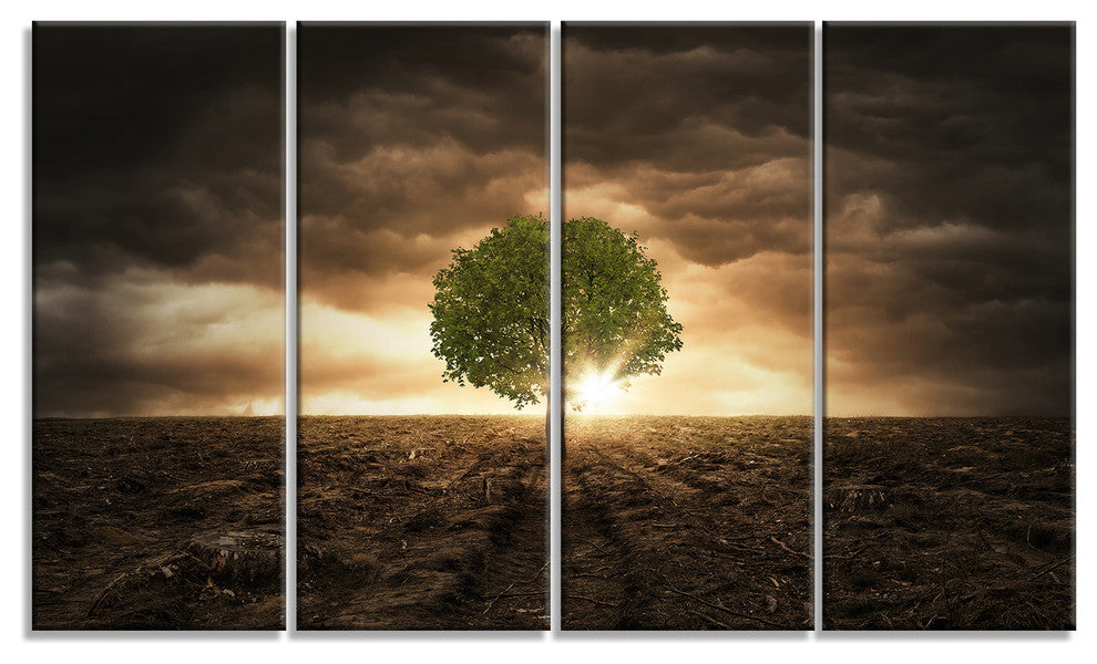 "Lonely Tree Under Dramatic Sky" Wall Art Landscape, 4 Panels, 48"x28"
