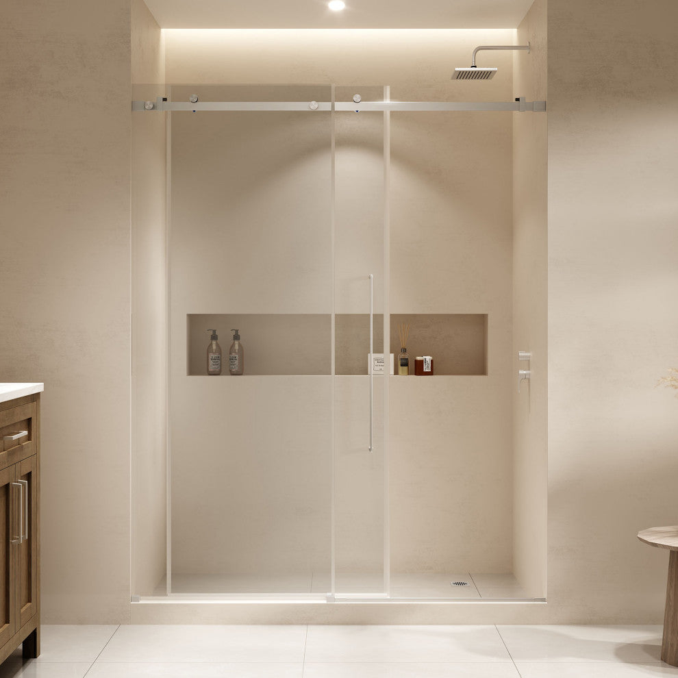 Selby Frameless Sliding Clear Alcove Shower Door, Satin Nickel, 60"