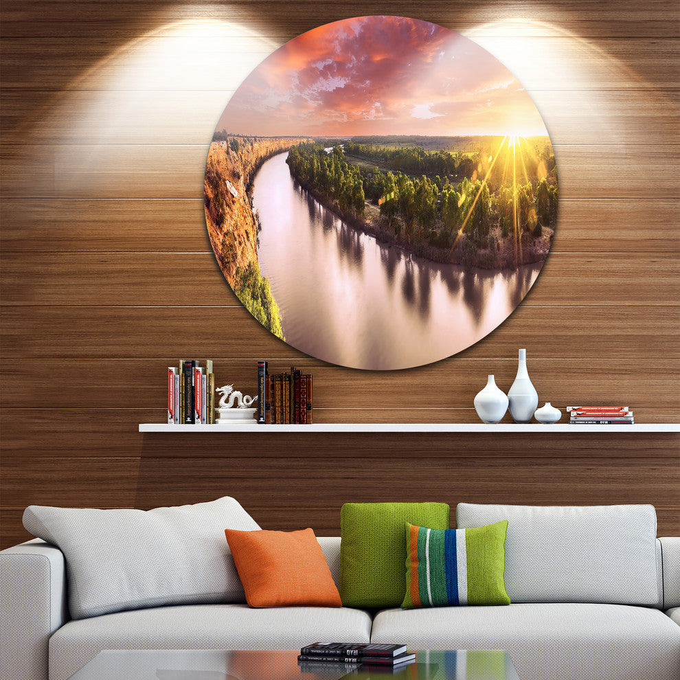 Sunset Over Murray River Panorama, Round Metal Wall Art Landscape, 11"
