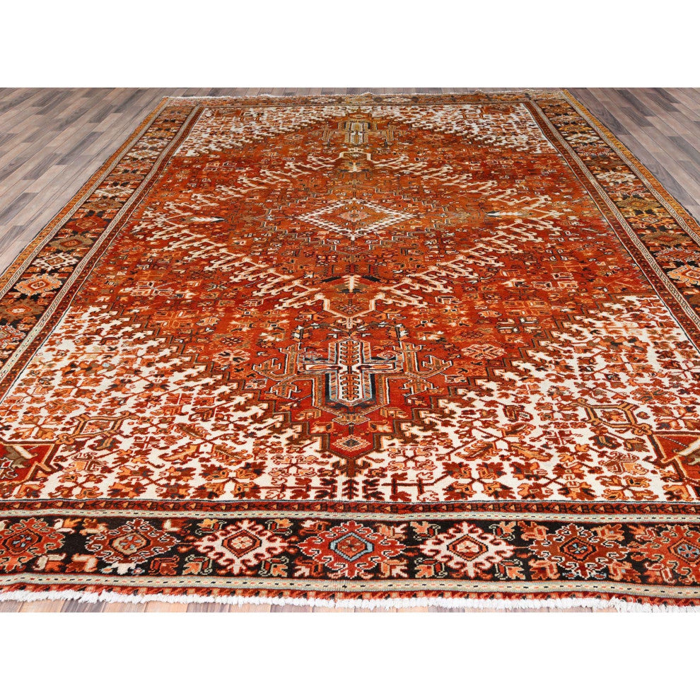 Alloy Orange Semi Antique Persian Heriz Worn Wool Hand Knotted Rug 10'2"x13'