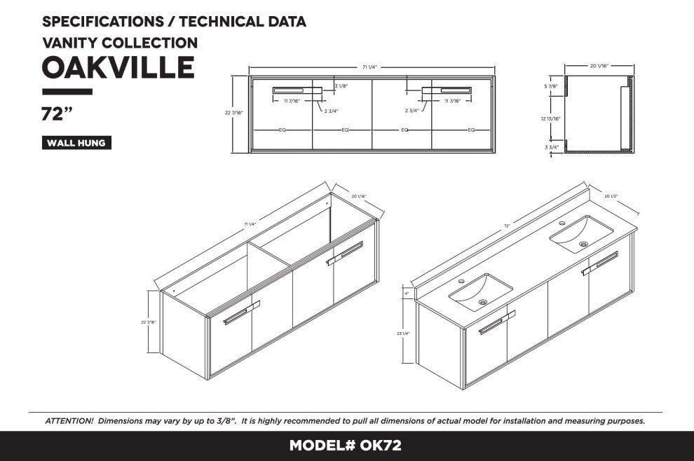 Oakville Wall Mount Bathroom Vanity, Mild Grey Oak, 72", Black Hardware