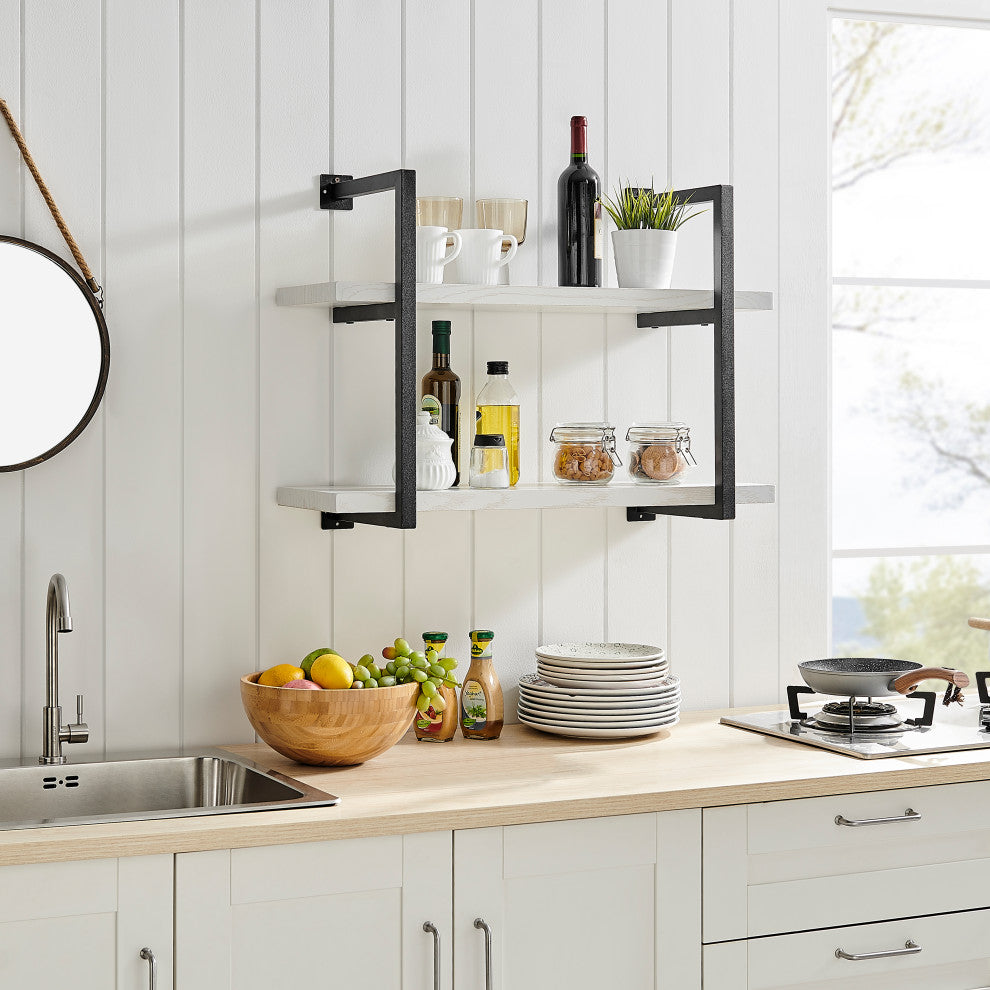 Danya B. Modern 2-Tier Hanging Wall Shelves, Metal and White Birch Finish