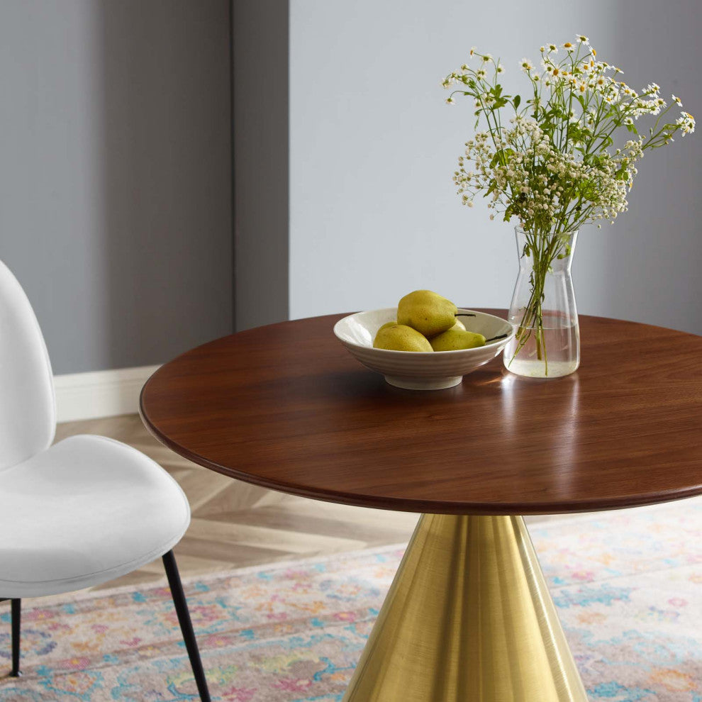 Dining Table, Round, Wood, Metal, Gold Brown Walnut, Modern, Restaurant