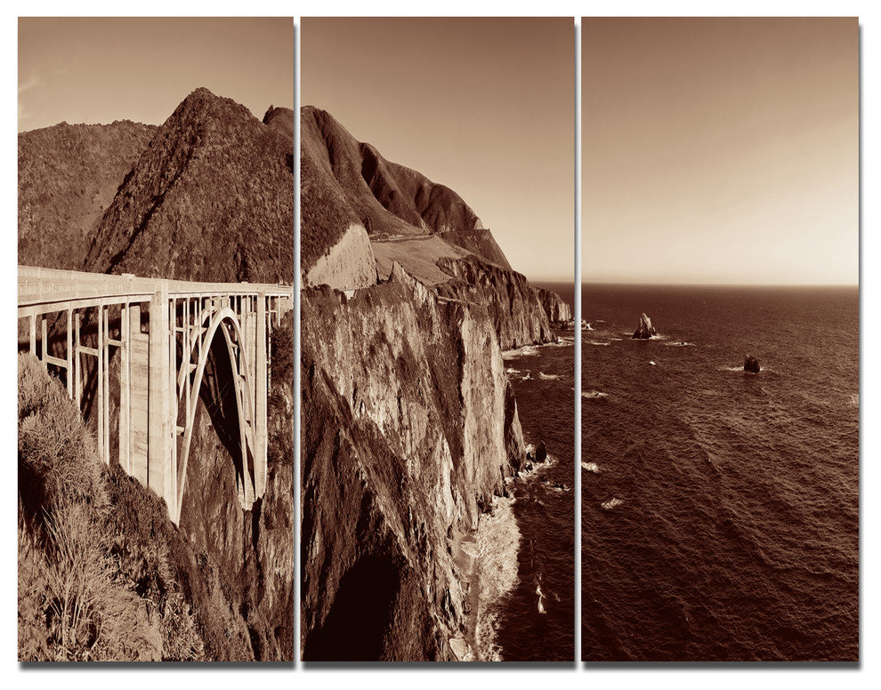Bixby Bridge View Panorama, Landscape Triptych Canvas Art Print, 36x28, 3 Panels