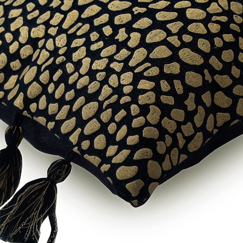 Blue Denim Gold Printed Spots Cotton 12"x14" Lumabr Pillow Cover, Leopard Gold