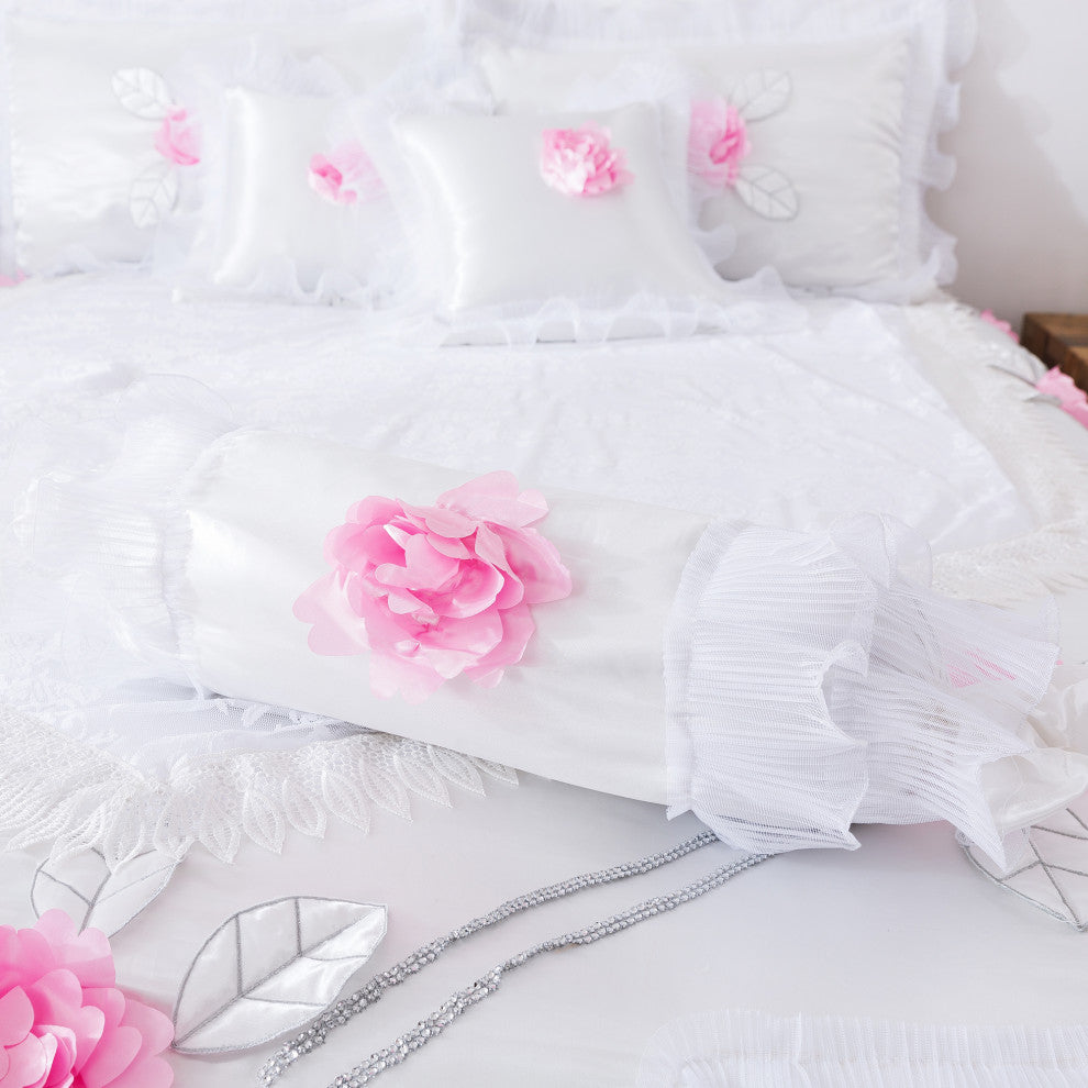 Tache 6-Piece Rose Pink White Satin Ruffled Bedding Set, Queen