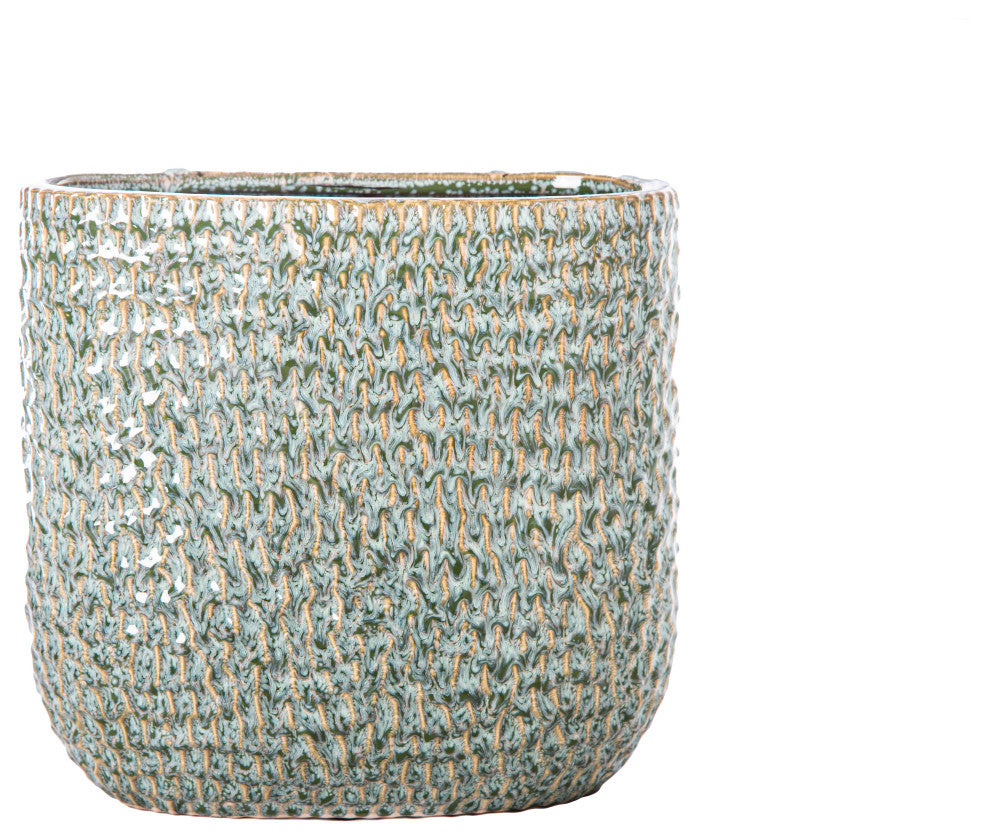 Ceramic Tall Oval Vase with Debossed Seamless Pattern Design Gloss Green Finish