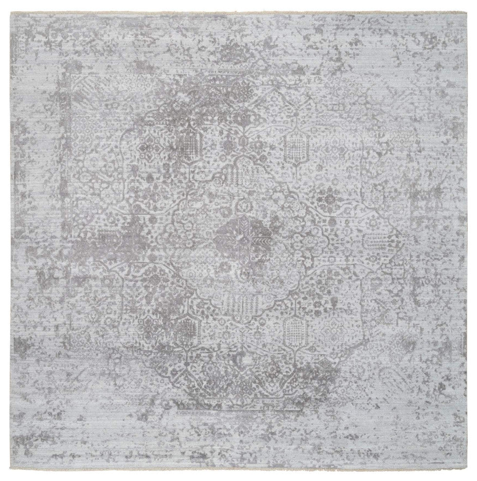 Gray Broken Persian Design Hand Knotted Wool and Silk Square Rug, 10'0"x10'0"