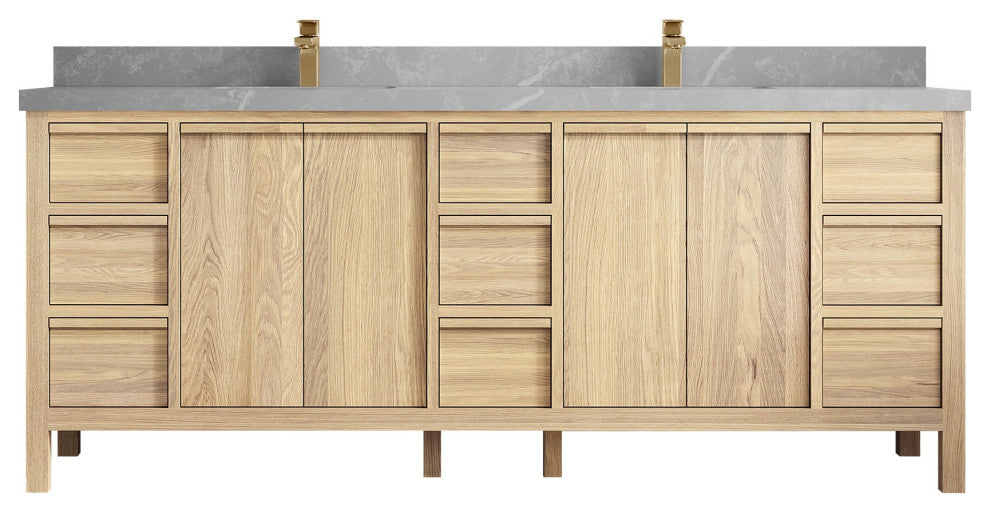 Elizabeth Oak 84" Double Sink Vanity, White 2" Pearl Gray