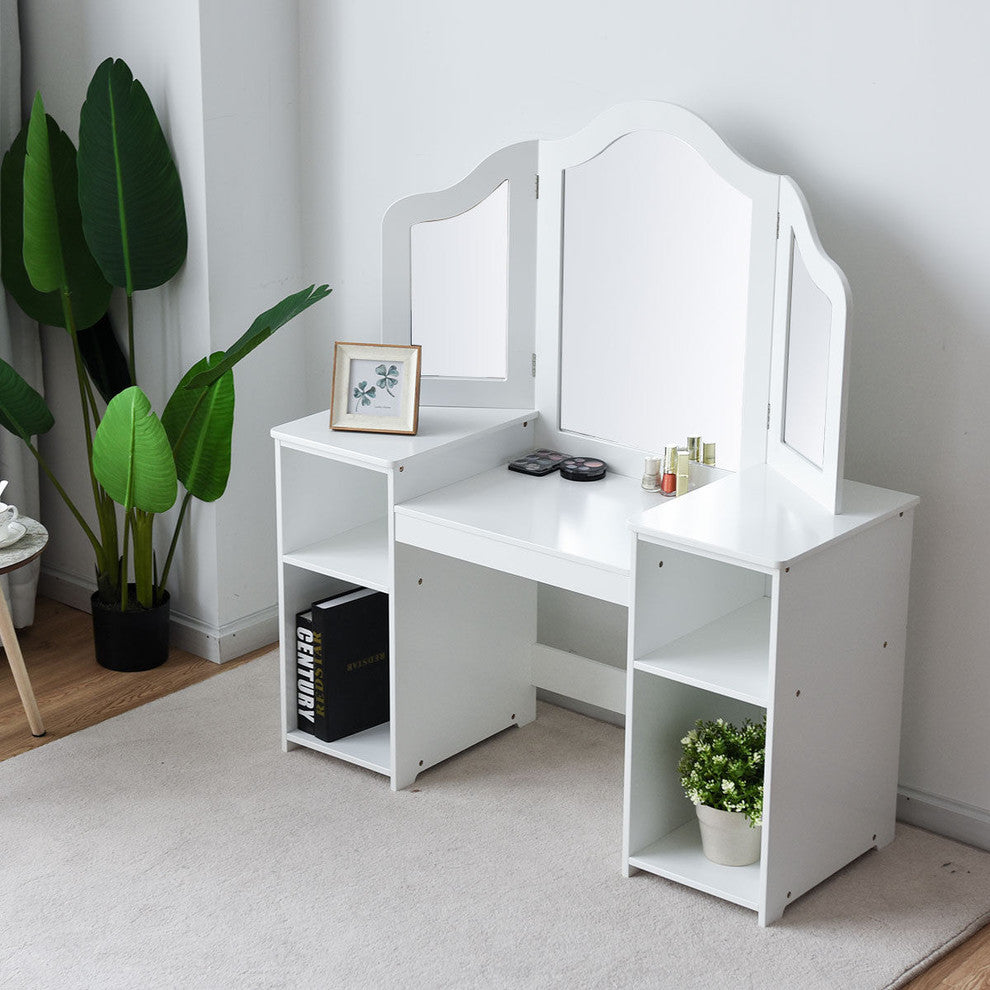 Costway Vanity Table Set Makeup Dressing Kids Girls Study Table Folding Mirror