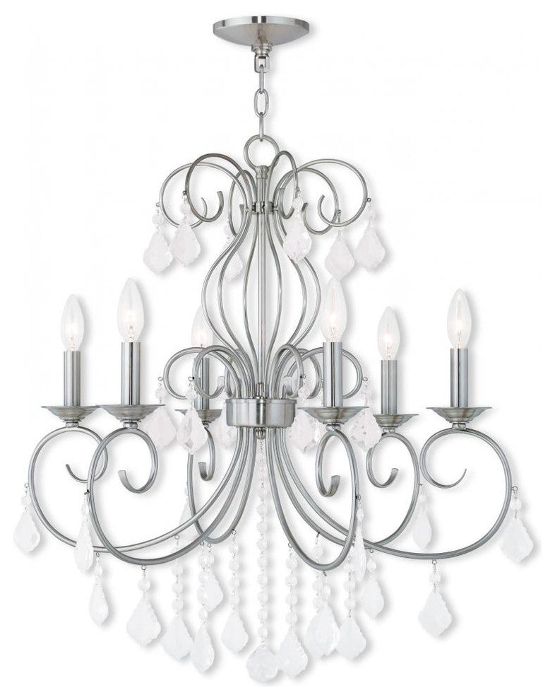Chandelier With Clear Crystals, Brushed Nickel