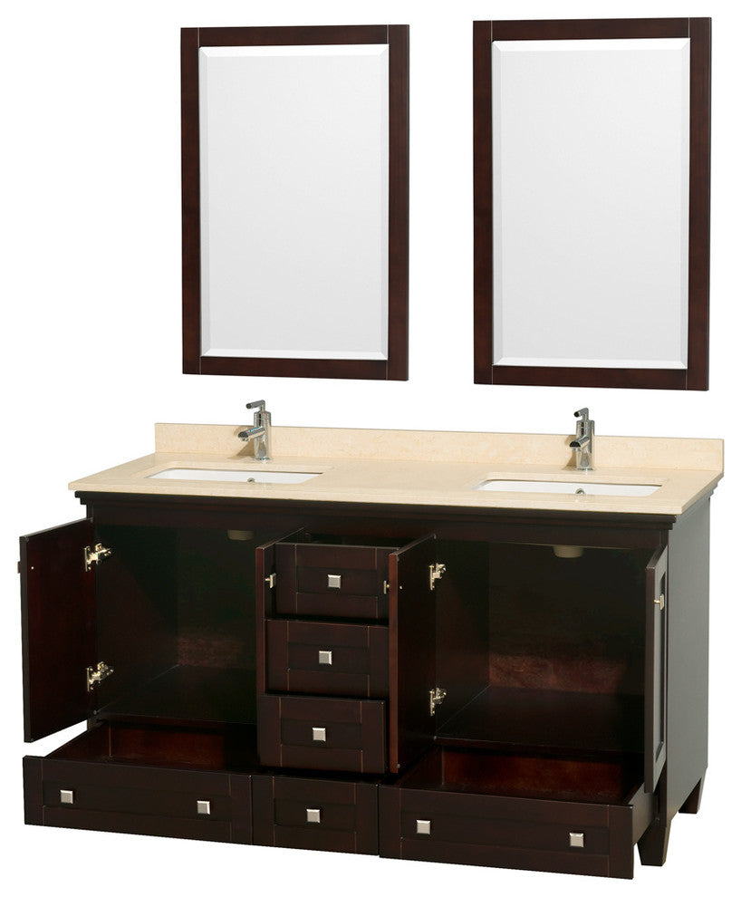 Acclaim Espresso Double Vanity, 24" Mirrors, 60", Square, Ivory Marble