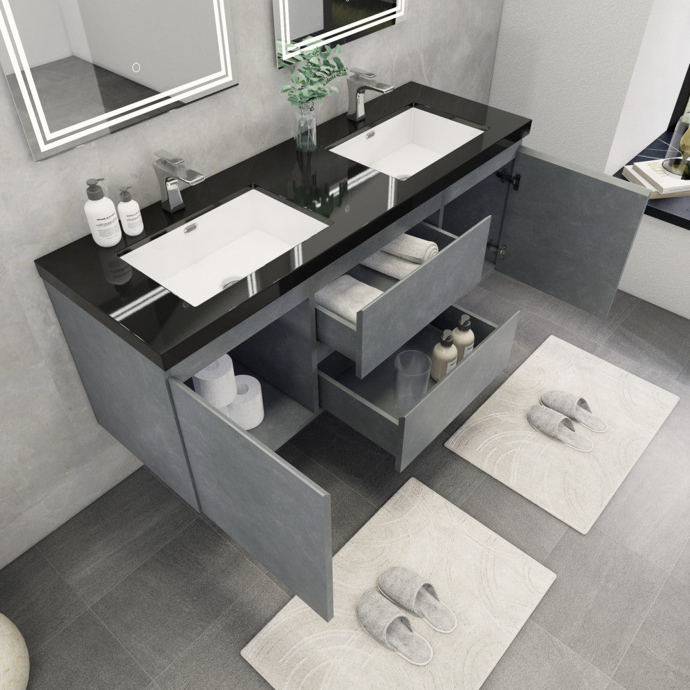 Belli 60" Double Sink Wall Mount Vanity Set, Cement Gray, Matt Black Top