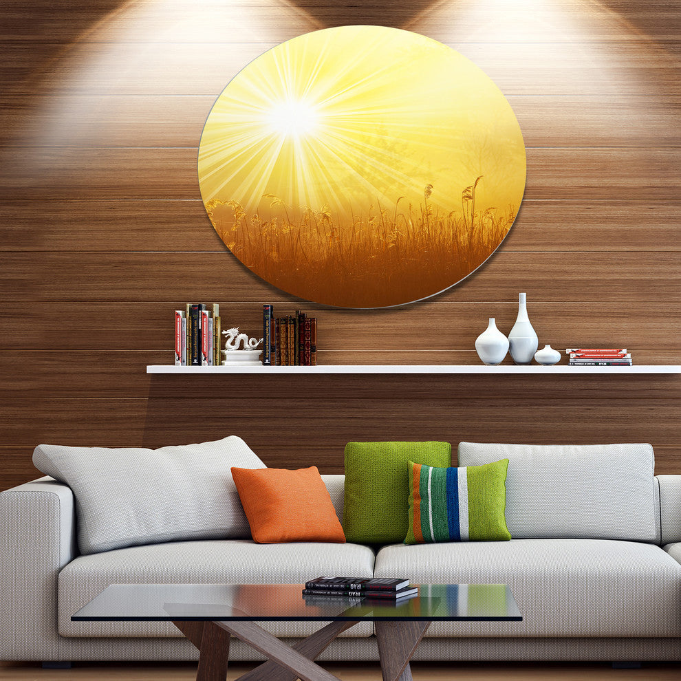 Amazing Sunrise Over Meadow, Landscape Round Metal Wall Art, 11"