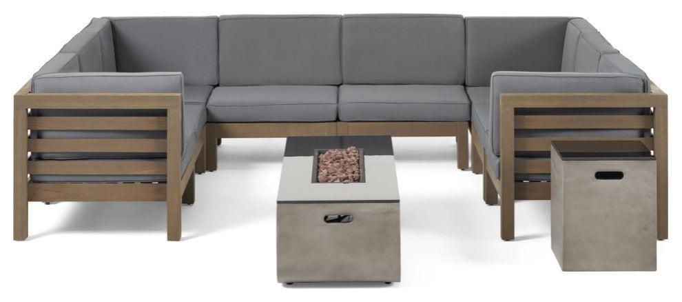 Dale Outdoor 8 Seater Acacia Wood Sectional Sofa Set With Fire Pit