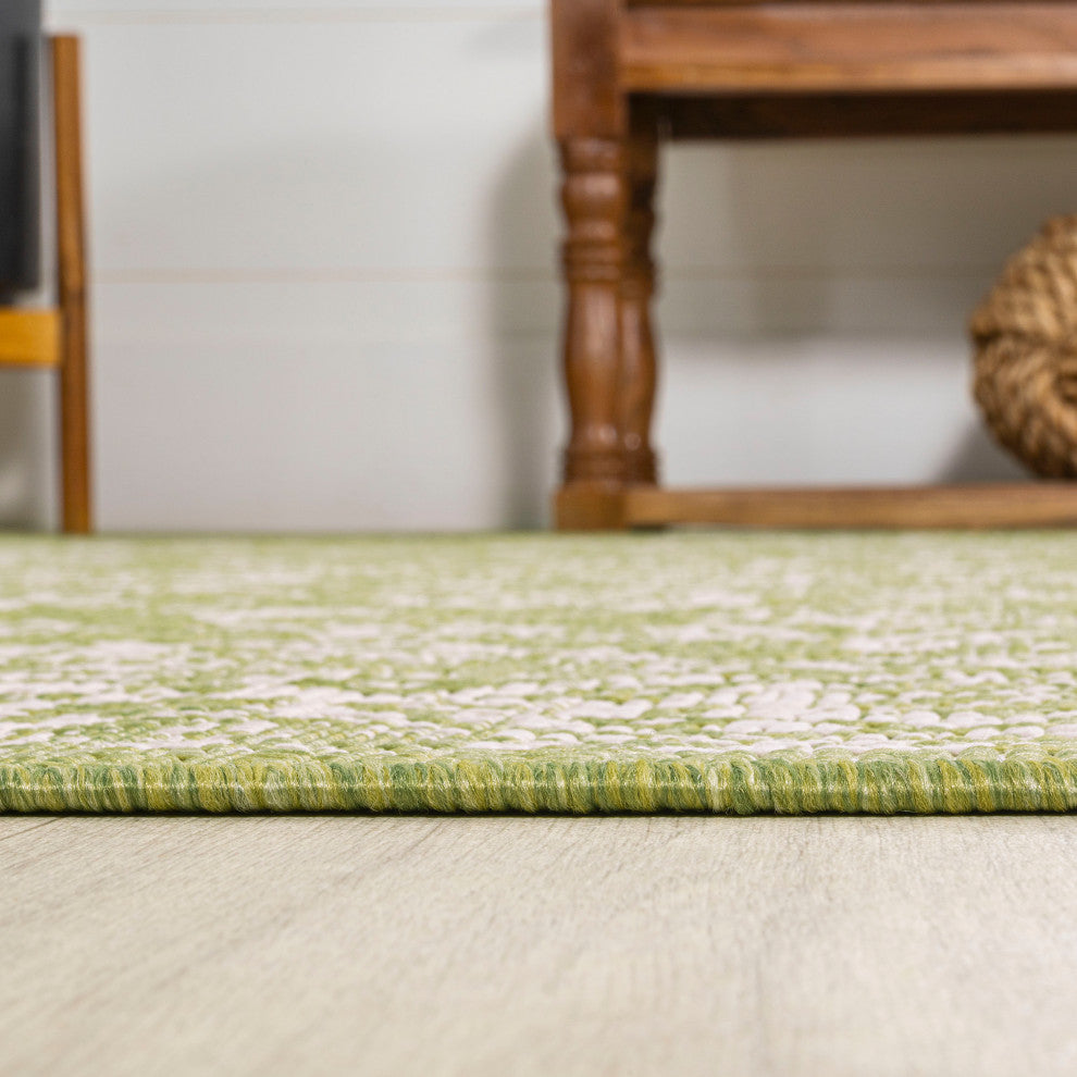 Tela Boho Textured Weave Floral Indoor/Outdoor Rug, Green/Cream, 4 X 6