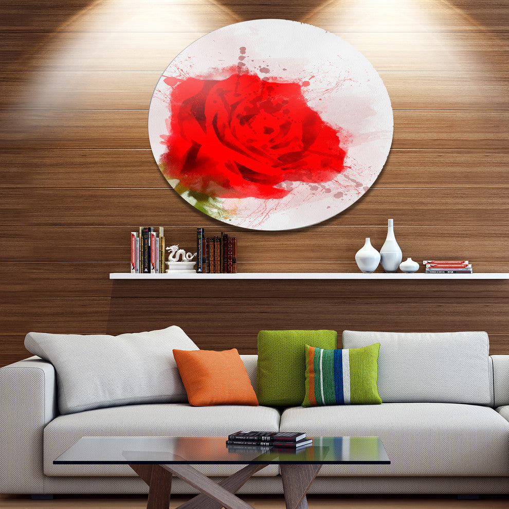 Bright Red Watercolor Rose Sketch, Floral Large Disc Metal Artwork, 11"