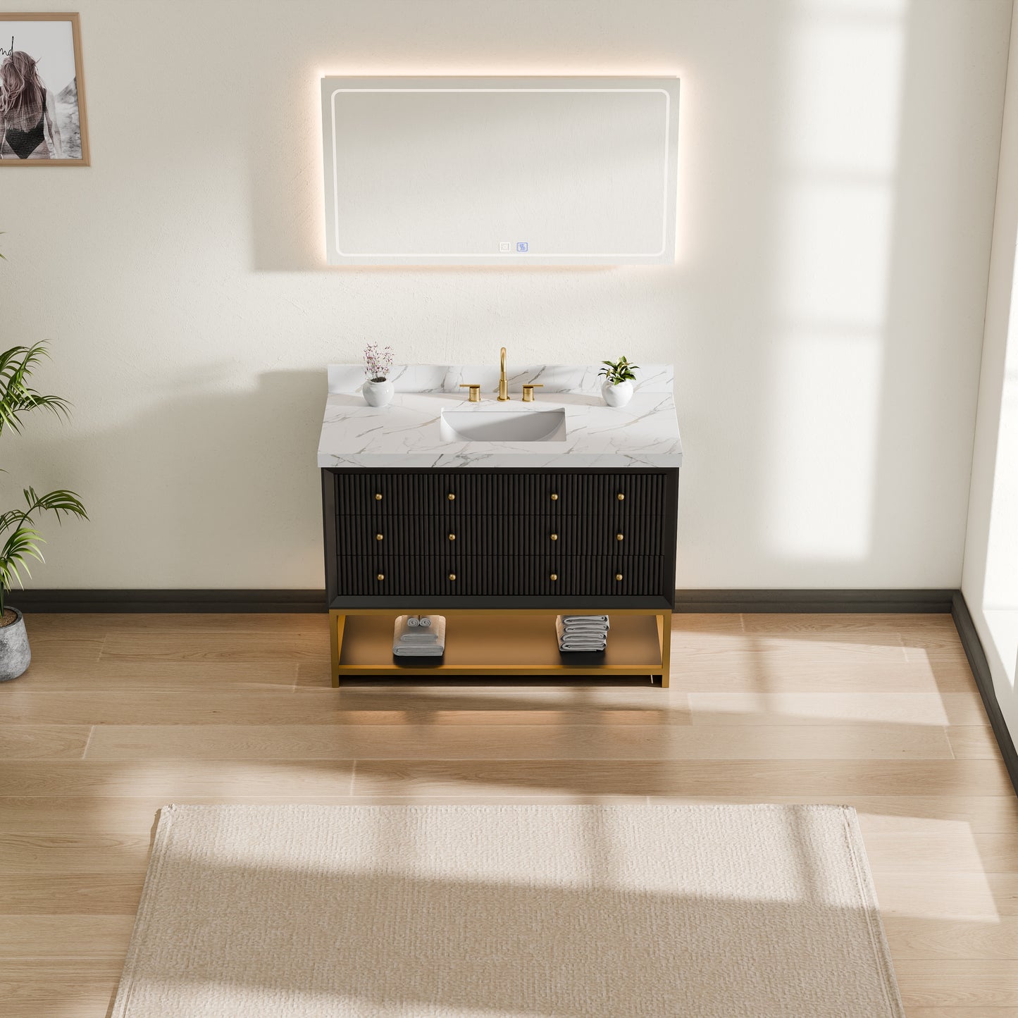 60''Wood Bathroom Vanity Set, With Drawers, Marble Top And Undermount Sink, White