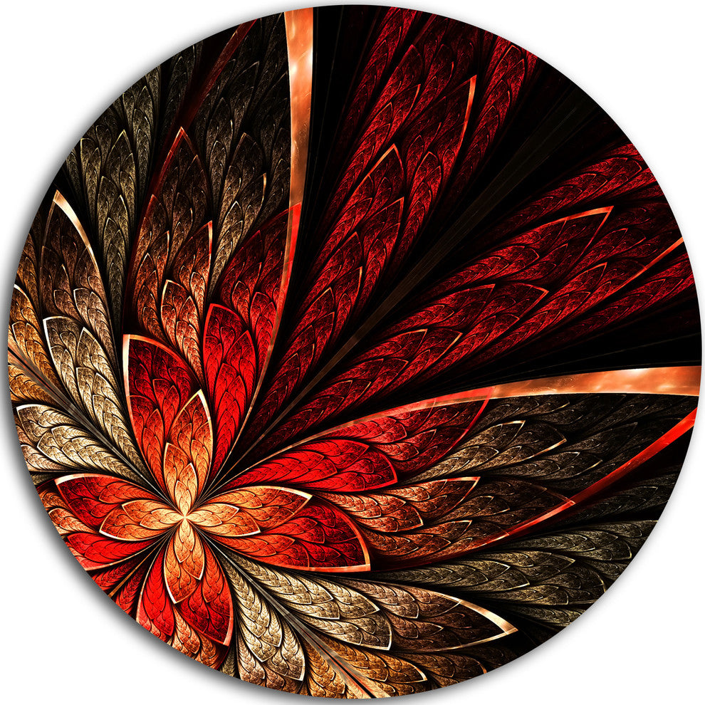 Fractal Flower In Yellow And Red, Floral Disc Metal Artwork, 11"